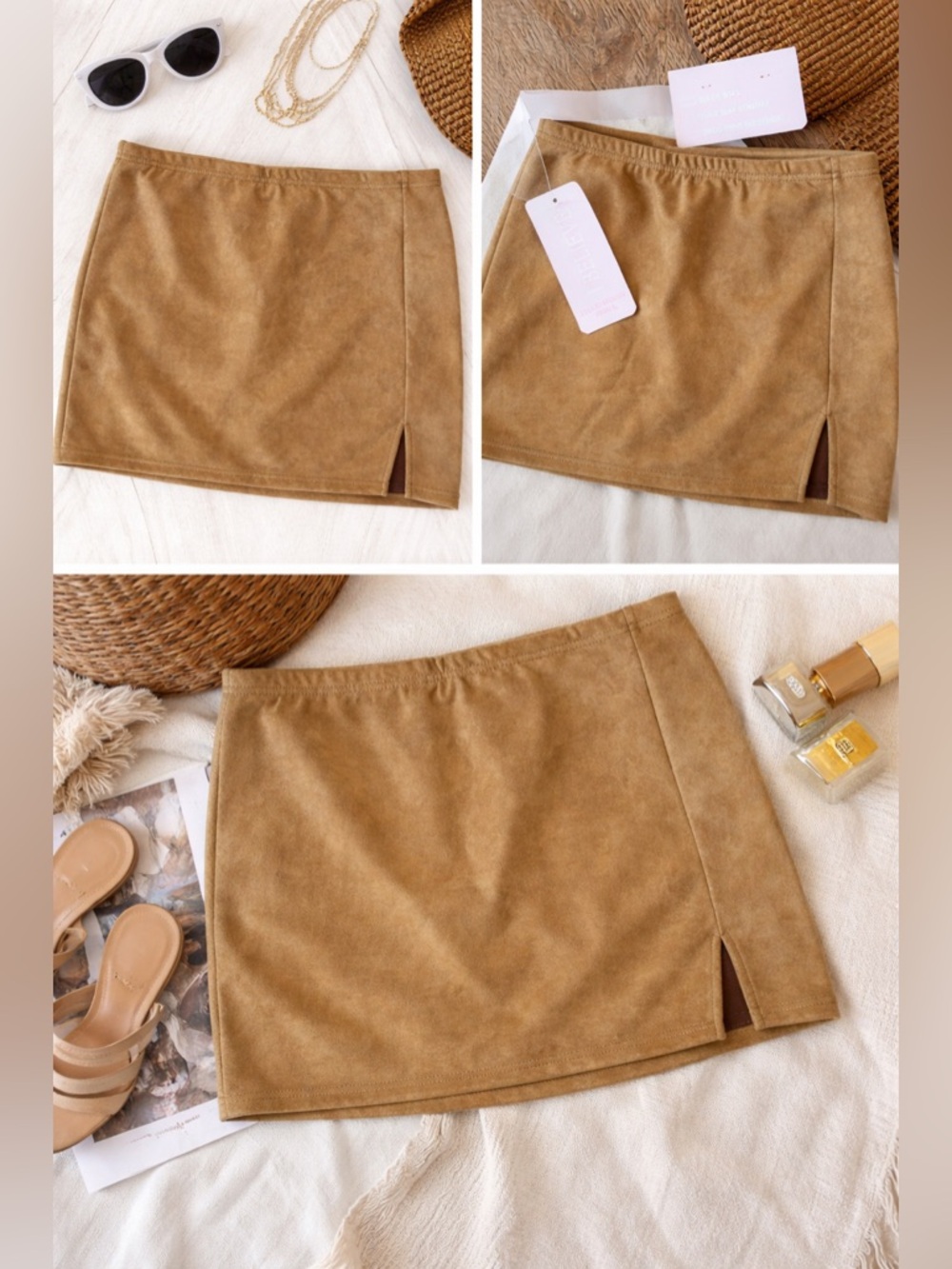 NWT Anthropologie Faux Suede Mini Skirt Skort in Camel Brown Sz L NWT